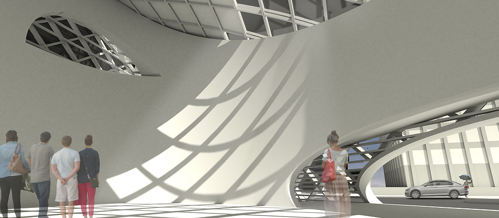 Rendering of an unbuilt Syracuse plaza proposal, showing people, curved walls, and patterned sunlight passing through a lattice roof.