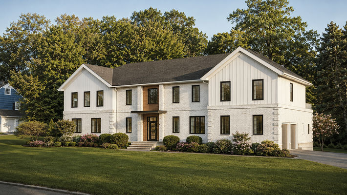 West Caldwell two-story home renovation with whitewashed brick, white board-and-batten gables, black windows, and a warm wood entry.