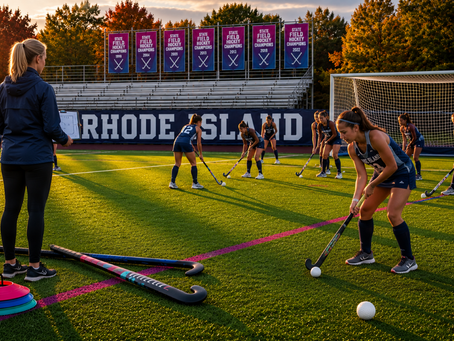 Field hockey players with their Coach practicing.