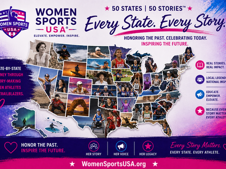 Collage of female athletes across the United States representing the Women Sports USA® 50 States | 50 Stories™ project celebrating women’s sports history and trailblazers.