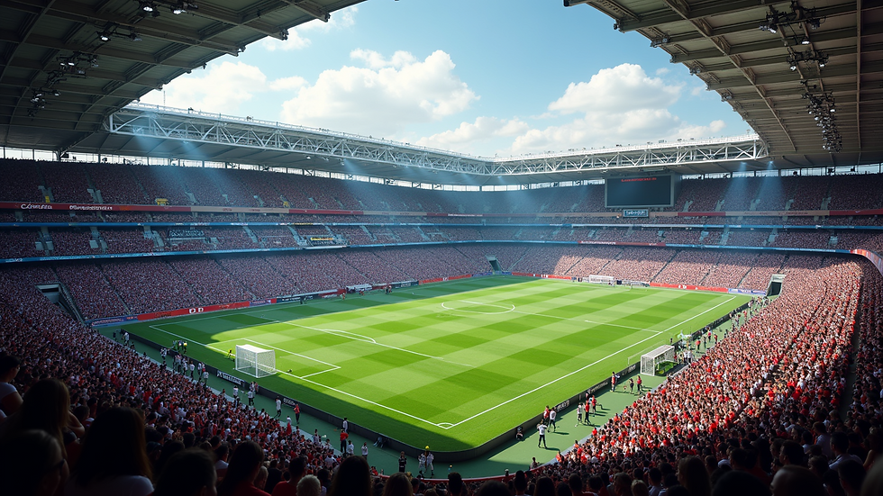High angle view of a modern stadium filled with spectators during a women's soccer match