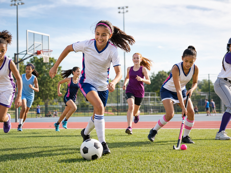 Diverse girls competing in soccer, basketball, field hockey, softball, and track, representing expanding opportunities for girls in sports.