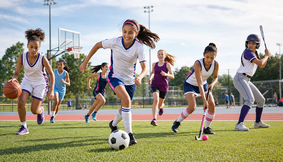 Diverse girls competing in soccer, basketball, field hockey, softball, and track, representing expanding opportunities for girls in sports.