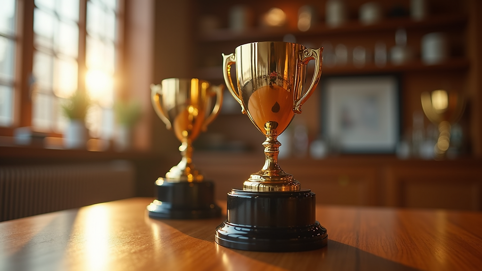 Eye-level view of two towering trophy awards on display