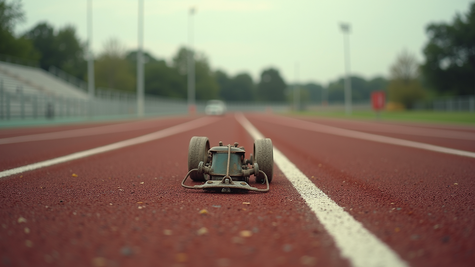 Eye-level view of a vintage running track with old sports equipment