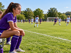 Teenage girl in a purple soccer uniform sits on the sideline bench, watching a girls’ soccer game on a sunny field.