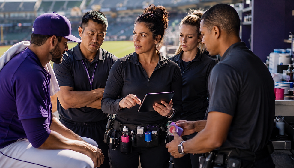 Woman head athletic trainer leading a professional baseball sports medicine discussion with a player and medical staff.