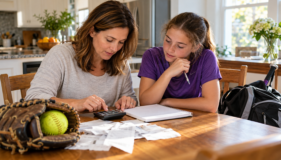Mother and daughter review a notebook and calculator at a kitchen table beside a softball glove, ball, and equipment bag.