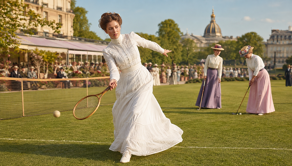 Women in period clothing competing in tennis and golf during the early Olympic era in Paris in 1900.
