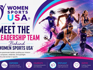 Women athletes competing in soccer, field hockey, basketball, softball, and running featured in the Meet the Leadership Team Behind Women Sports USA® blog graphic.