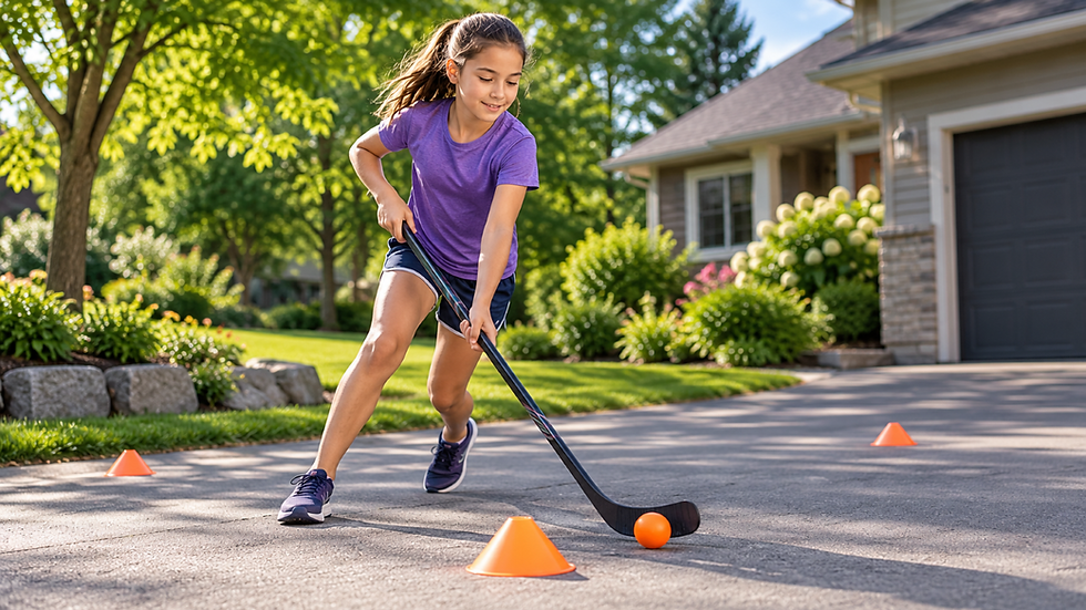 Girl in a purple shirt practices street hockey with an orange ball and training cones on a sunny driveway.