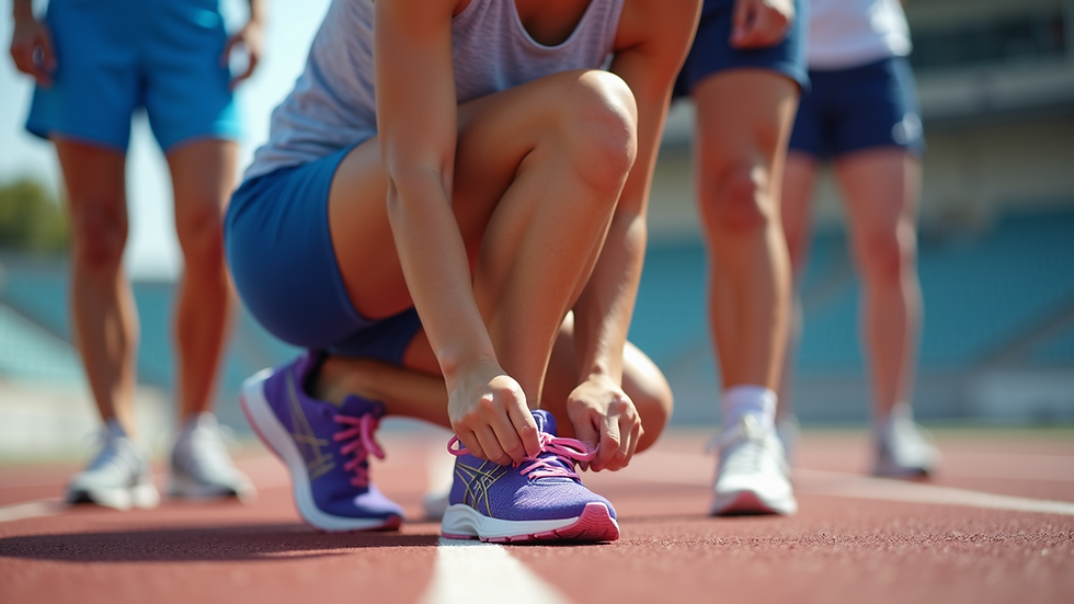 Close-up view of a female athlete tying her running shoes on a track