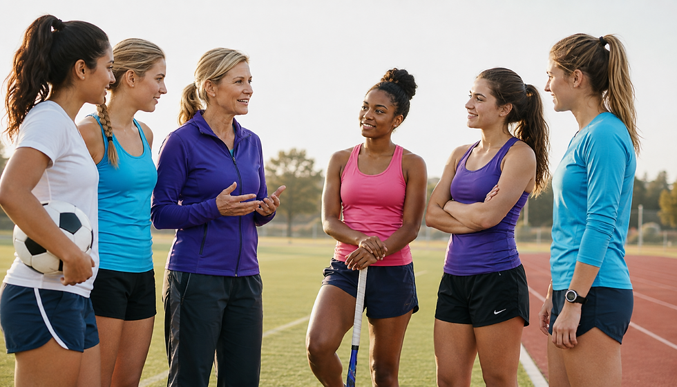 Female coach encouraging a diverse group of women athletes while promoting confidence, health, teamwork, and lifelong participation in sports