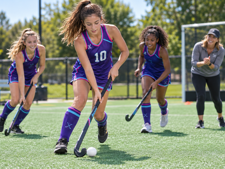 Young field hockey player wearing a purple number 10 jersey dribbles a ball on a sunny field as two teammates practice and a coach encourages them.