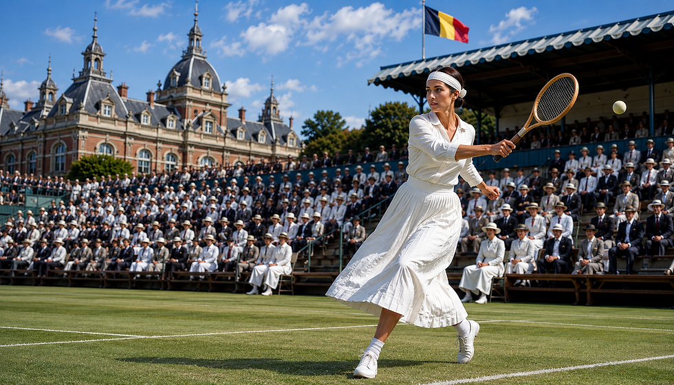 Woman in white tennis dress swings a racket on grass court before a crowd, with an ornate stadium and Belgian flag behind.