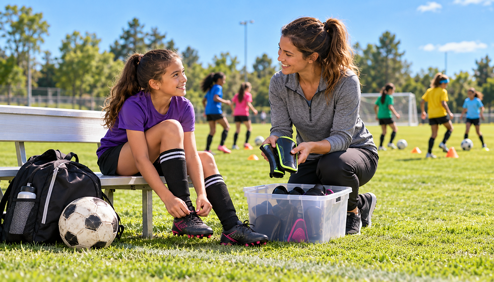 A girl ties her soccer cleats as a coach offers shin guards from a shared equipment bin, with girls practicing in the background.