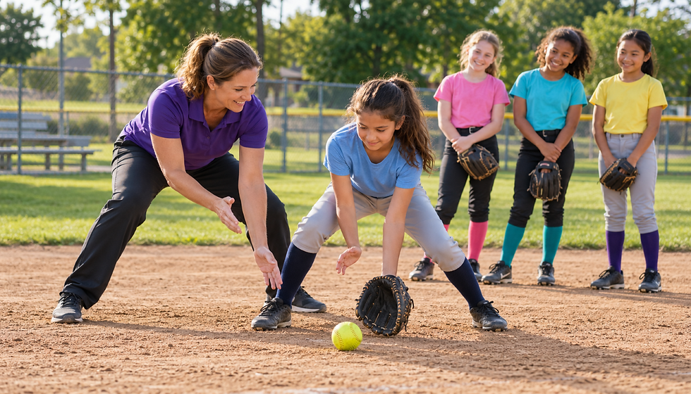 A female coach teaches a girl to field a softball on a neighborhood diamond while three teammates watch.