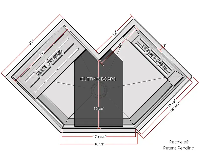 Drawing of a diagonal corner workstation sink showing cutting board, grid and sponge caddy.