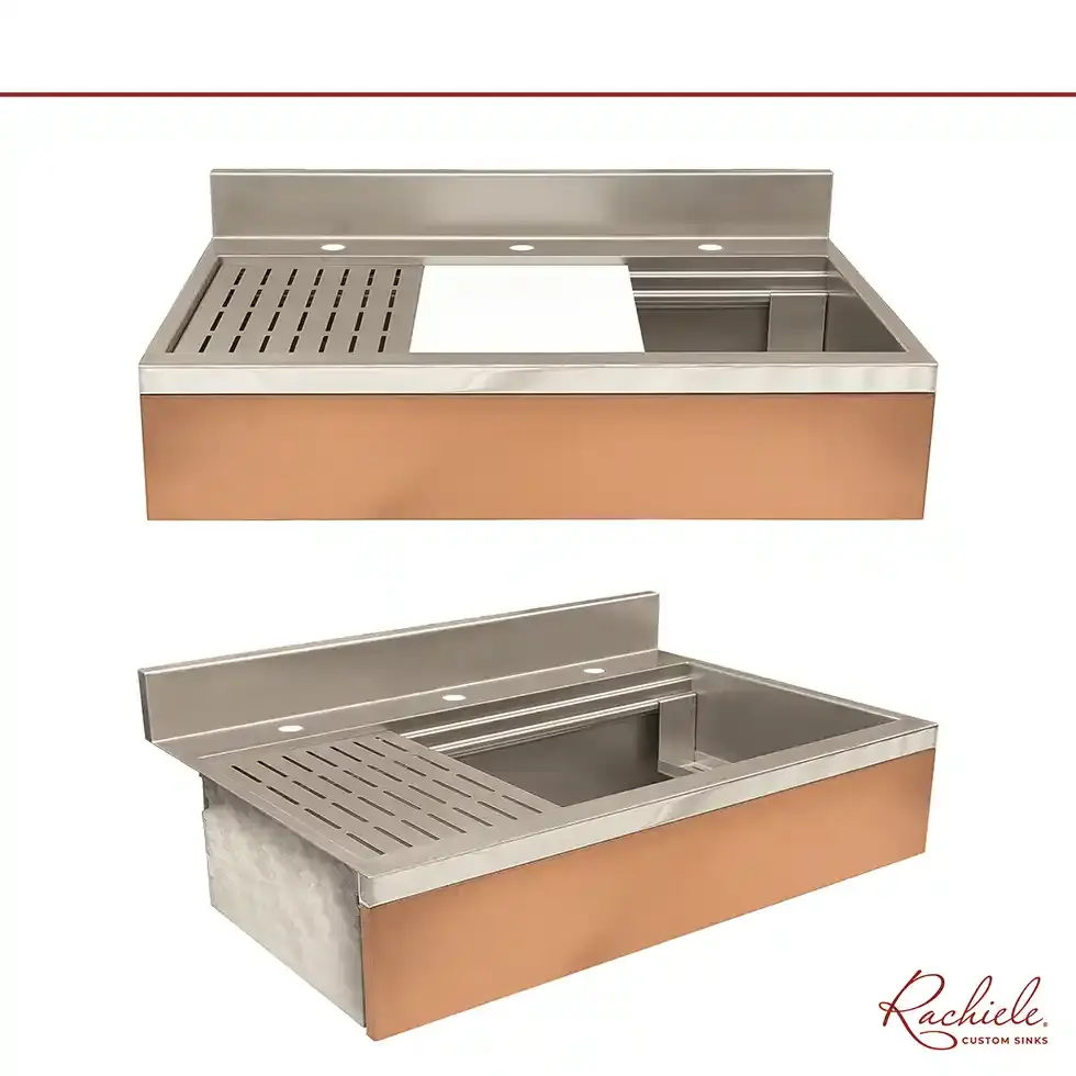 custom copper and stainless sink designed to match a 1940's chambers copper and stainless range