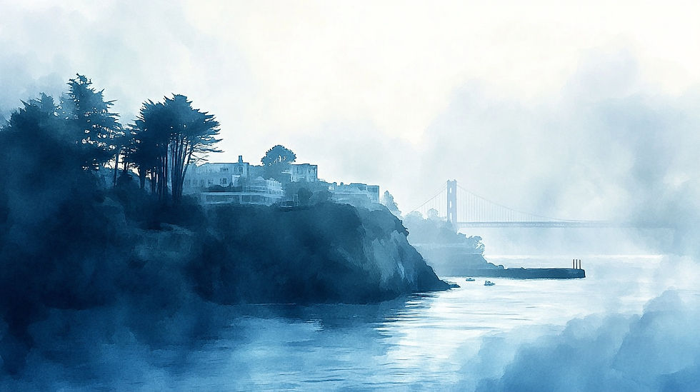 Blue watercolor of fog rolling in on San Fransico.
