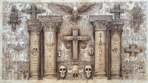 Books, skulls, crosses, eagle