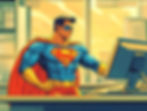 Cartoon of Superman working at a sit to stand desk.