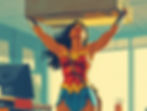 Cartoon of Wonderwoman holding a desk above her head.