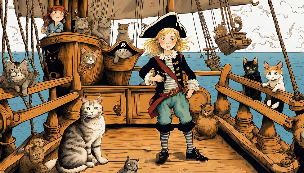 Illustration of a young girl in a pirate hat on a ship with cats and a pirate.