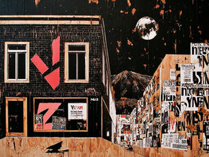 City buildings covered in labels, a dark moon in the sky.