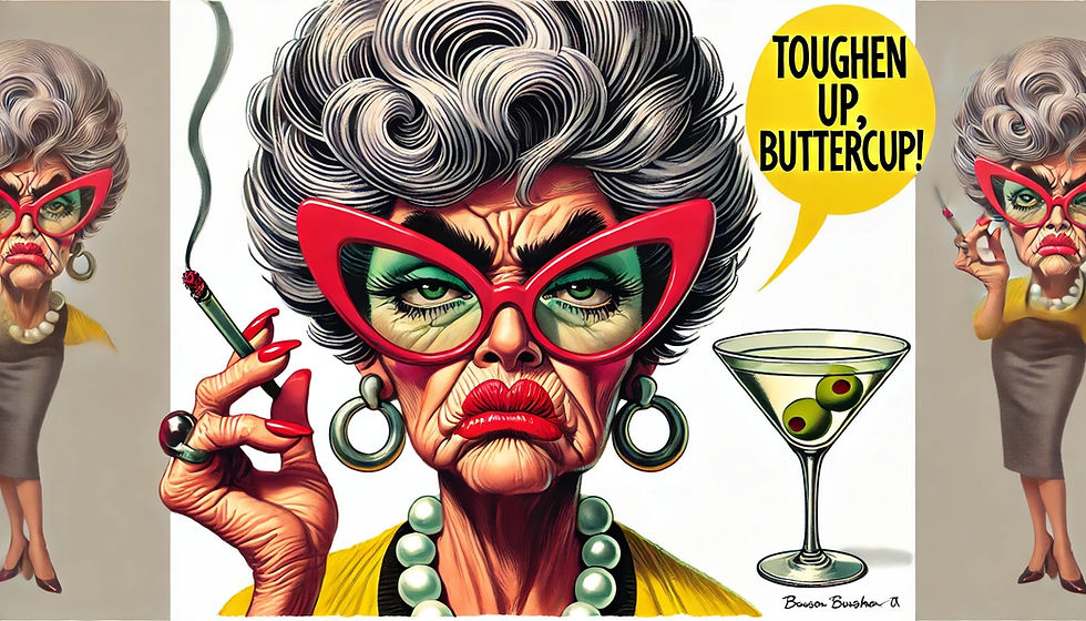 Cartoon of an older woman with big hair, wrinkles and red glasses smoking a cigarette and drinking a martini.