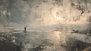 A solitary figure stands on the edge of a field of ice as the sun struggles to shine.