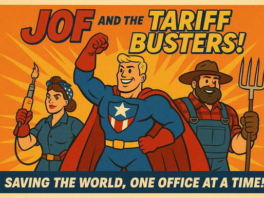 Superhero JOF, farmer with a pitchfork, Rosie the Riveter.