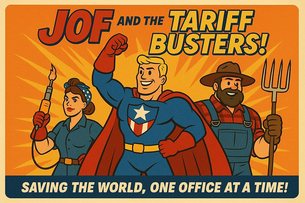 Superhero JOF, farmer with a pitchfork, Rosie the Riveter.