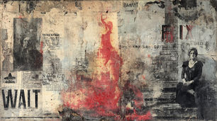 A woman sits against a wall covered in newspaper.