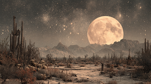 A full moon shines over a desert teeming with life.