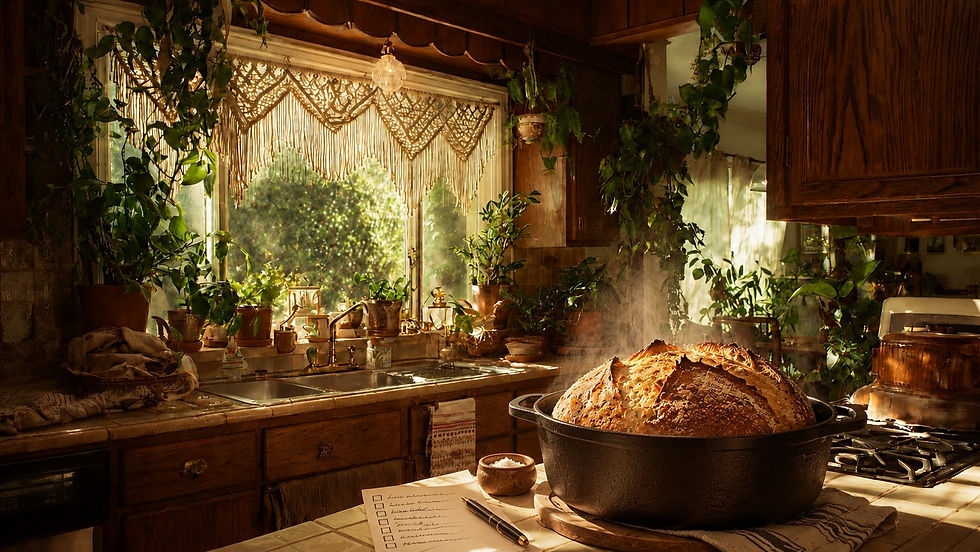 A large loaf of sourdough bread, fresh out of the oven, sits on a 70s style kitchen counter.
