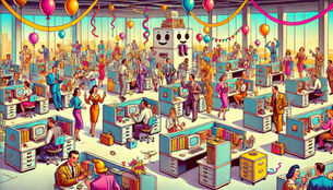Cartoon of a workstation filled room party.