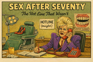 Woman, big hair, in an old dentist’s office, on a red telephone.