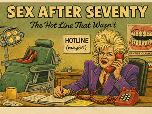 Woman, big hair, in an old dentist’s office, on a red telephone.