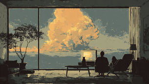 A family watches a nuclear explosion on TV while it happens for real outside their window.