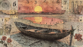 Old rowboat in drying lake as sun sets.