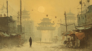A lone figure walks toward the temple gates in an Asian village.