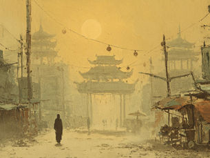A lone figure walks toward the temple gates in an Asian village.