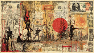 A collage of men with guns, skeletons, and dollars.