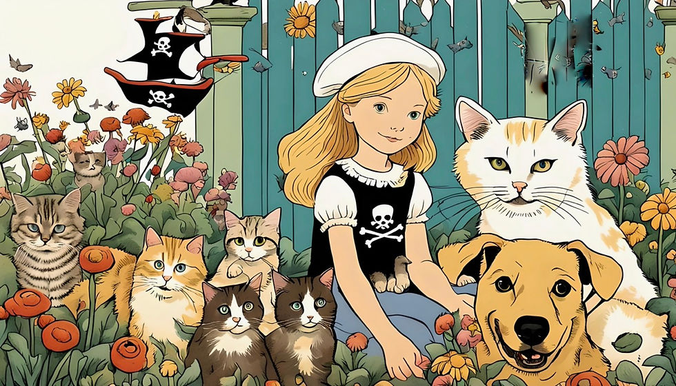 Illustration of a young girl with many cats and a dog, some in pirate hats, playing in her flower-filled yard.