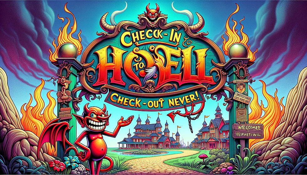 Cartoon of welcoming Devil at Gates to Hell.