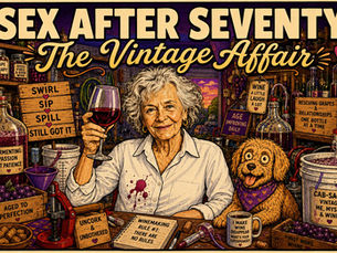 An older woman in a crowded garage holding a glass of wine with a dog next to her.