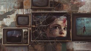 Multiple tv screens through broken window.