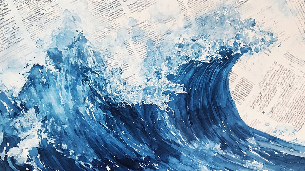 Watercolor of a large blue wave washing away newspapers.