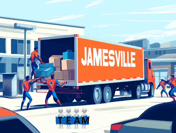 Animatied image of Jamesville moving truck with team loading furniture.